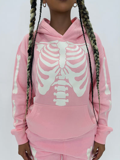 GLOW IN THE DARK SKELETON HOODIE - BABY PINK